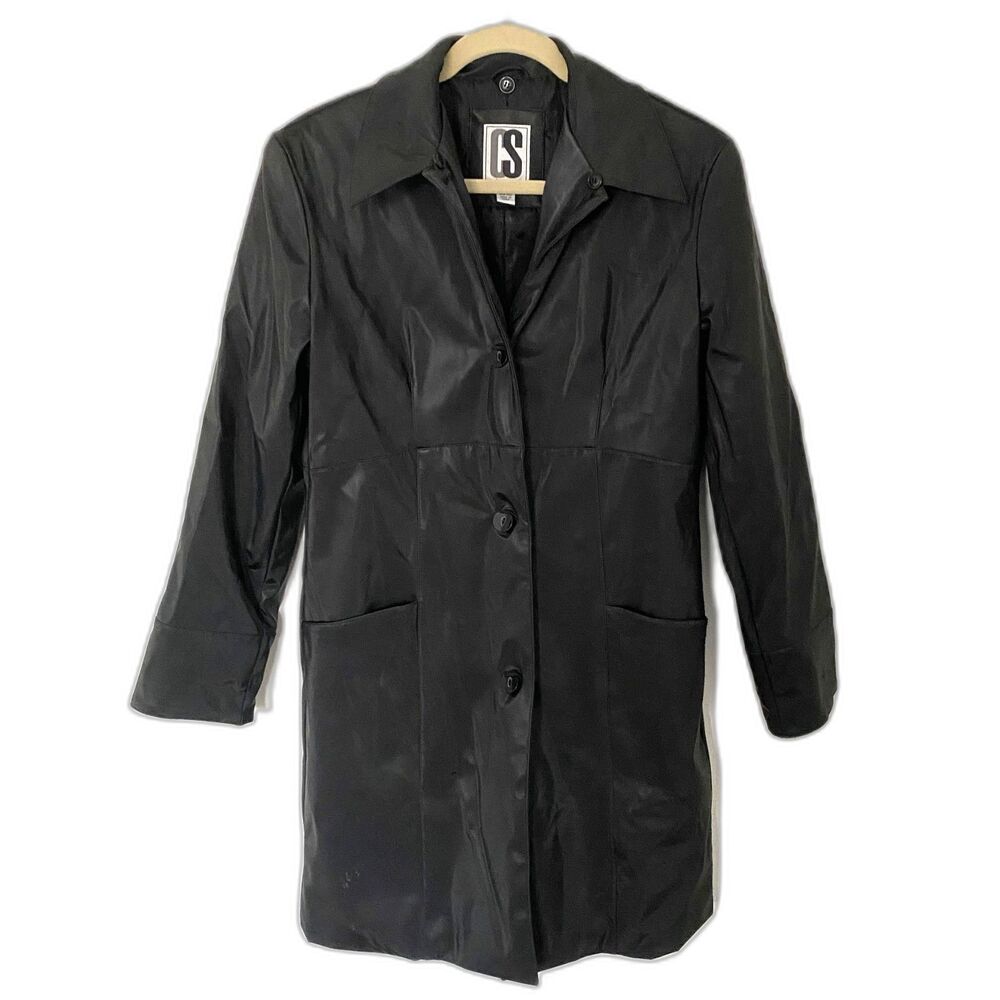 VTG Y2K CS Signature Black Faux Leather Long Club Goth Pleather Matrix Jacket S